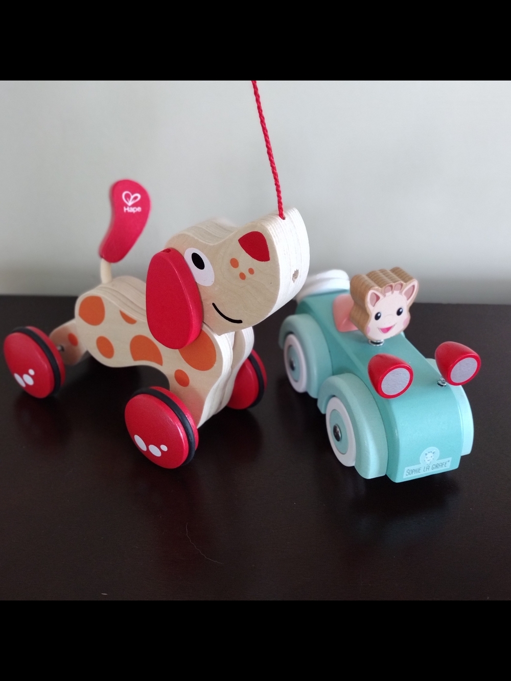 2 Classic Wooden Toys Hape Pepe Pull Along Dog / Sophie La Giraffe Car